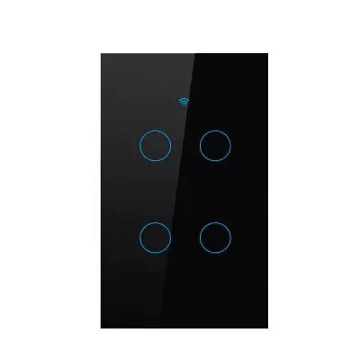 RF433 4-gang US WiFi smart wall switch with black glass touch panel and blue LED rings