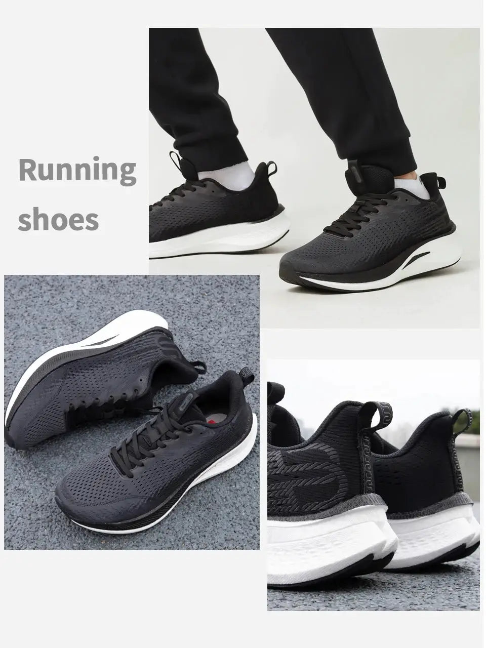 Baasploa men's jogging shoes with carbon plate, black mesh upper and white cushioned sole