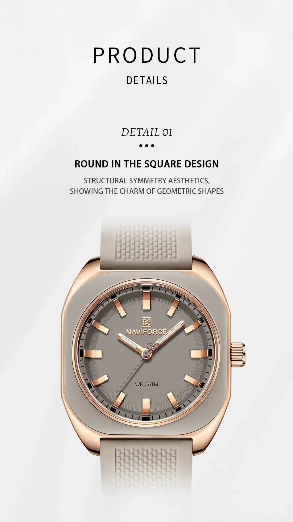 NAVIFORCE women's silicone wristwatch with rose-gold square case, grey dial, and beige strap