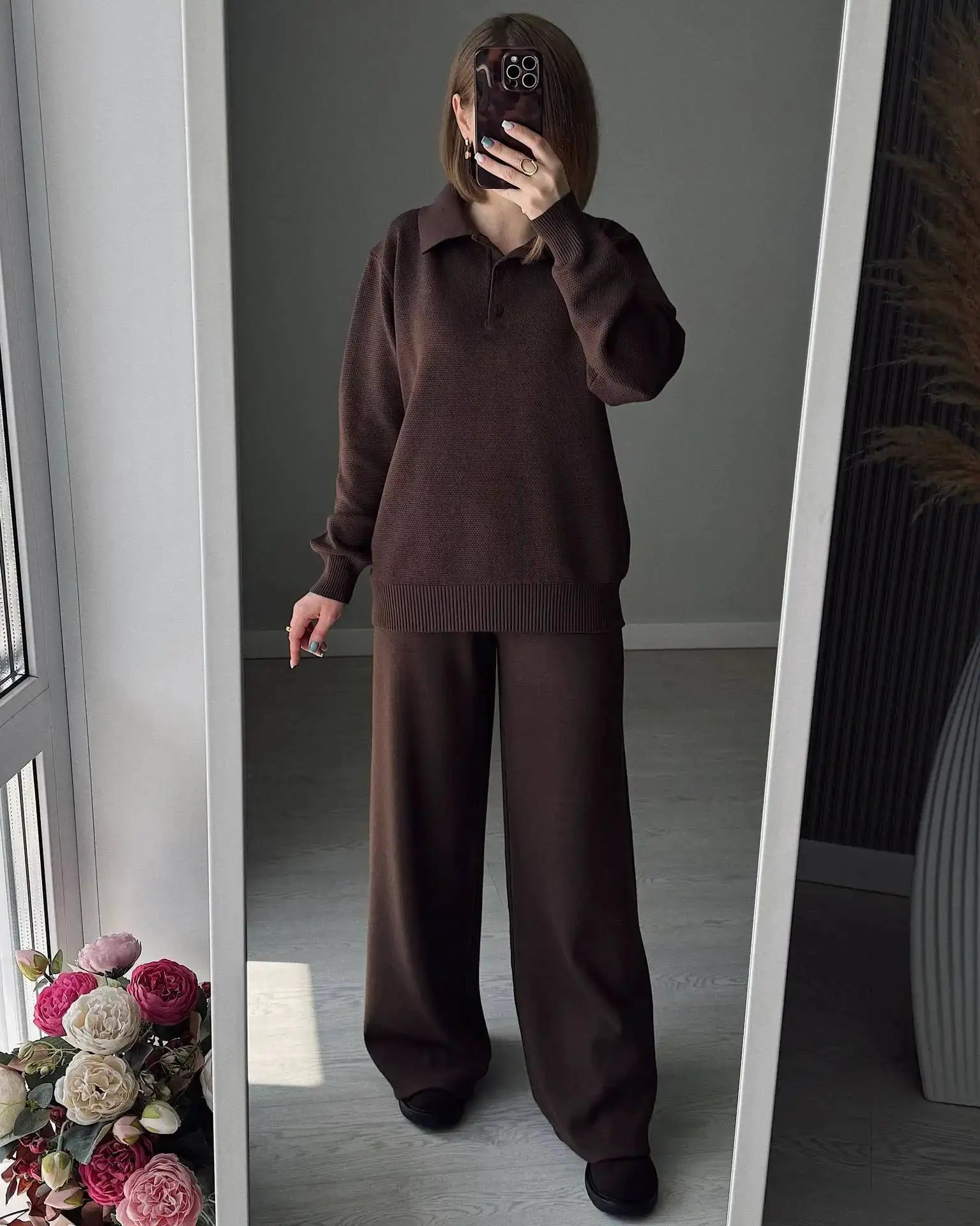 Hirsionsan Winter Women Knitted Set Polo Neck Sweater Wide Leg Pants