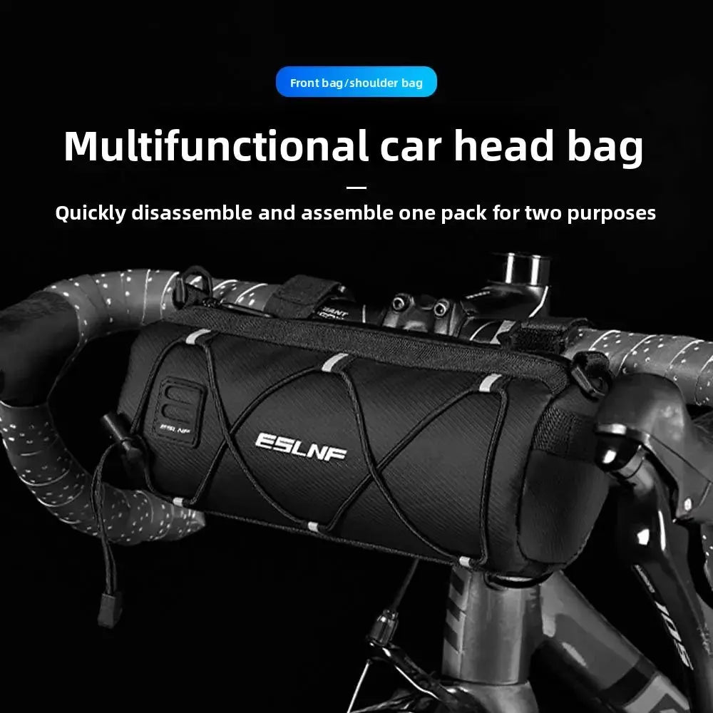 Multifunctional car head bag mounted on a bike handlebar, showcasing its versatility as a waterproof bike front bag.