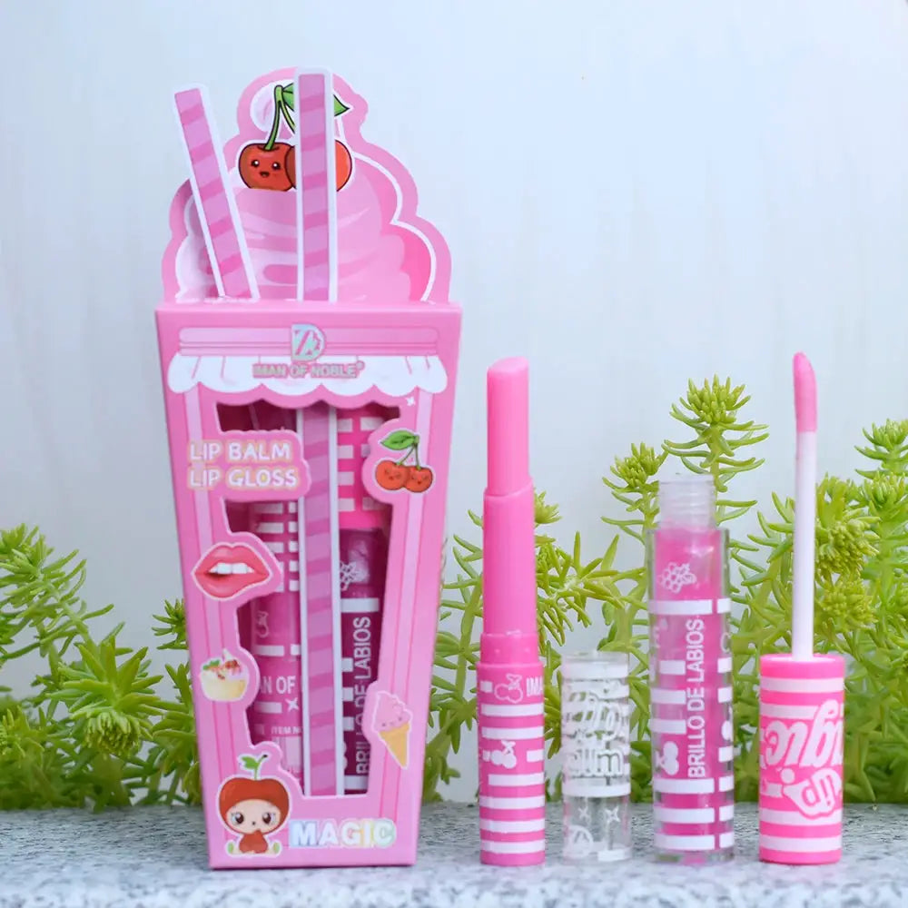 Cute Ice Cream Lip Gloss And Lip Balm Set Waterproof Long Lasting Natural Moisturizing Lips