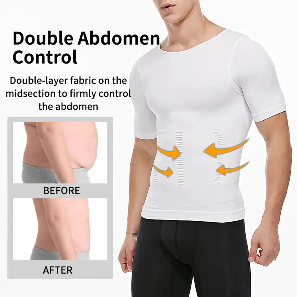 Men's short-sleeve compression T-shirt with tummy control; white Simples Market body shaper on model.