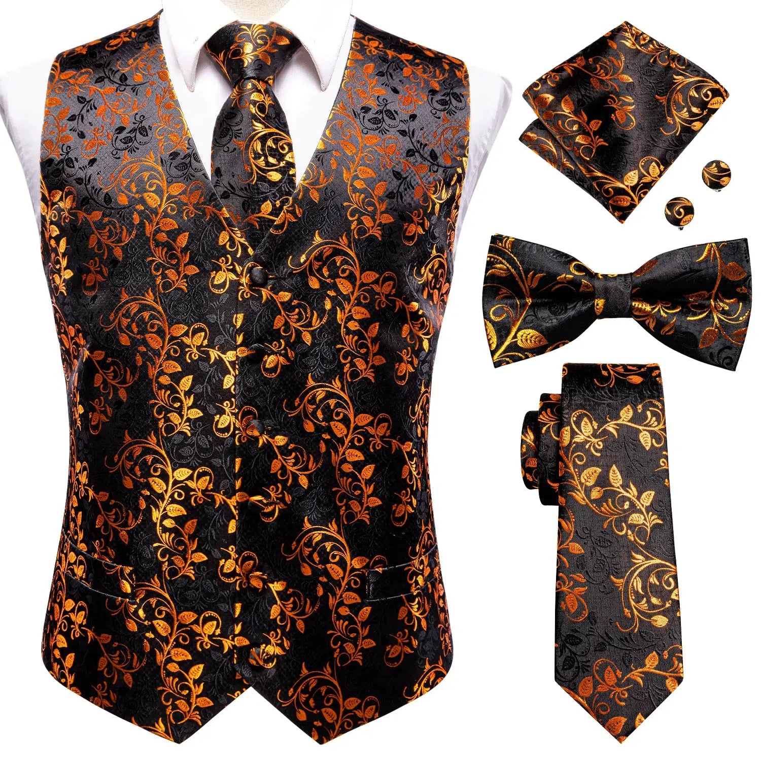 Simples Market five-piece men's waistcoat set in black-gold floral pattern with tie, bowtie, hanky, and cufflinks