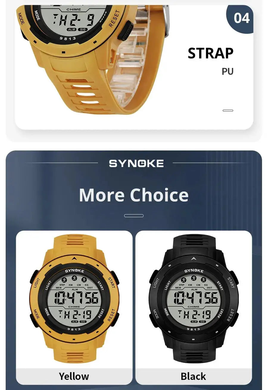 2 SYNOKE men's digital sports watches in yellow and black with large LCD display, waterproof 50m