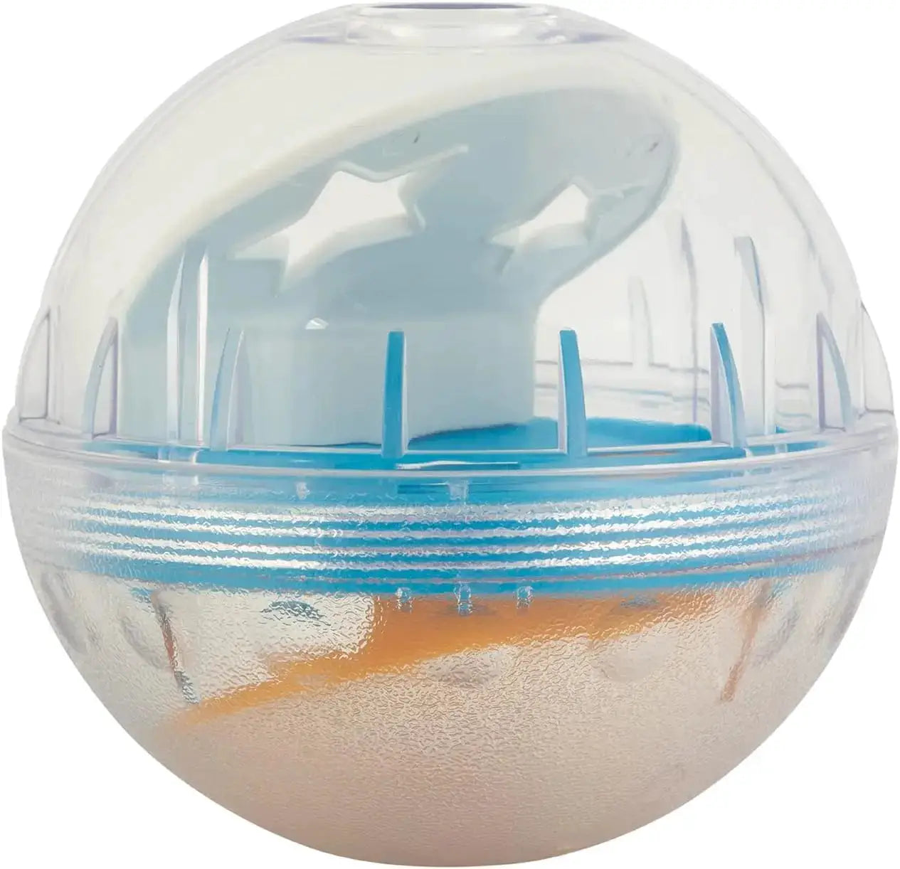 IQ Treat Ball dog treat dispenser toy, 4-inch transparent sphere with blue interior structure for slow feeder play.