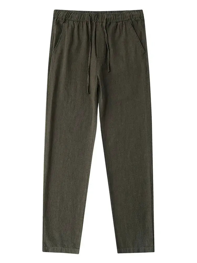 Men's casual cotton-linen chino pants, olive green, wide-leg with drawstring waist.