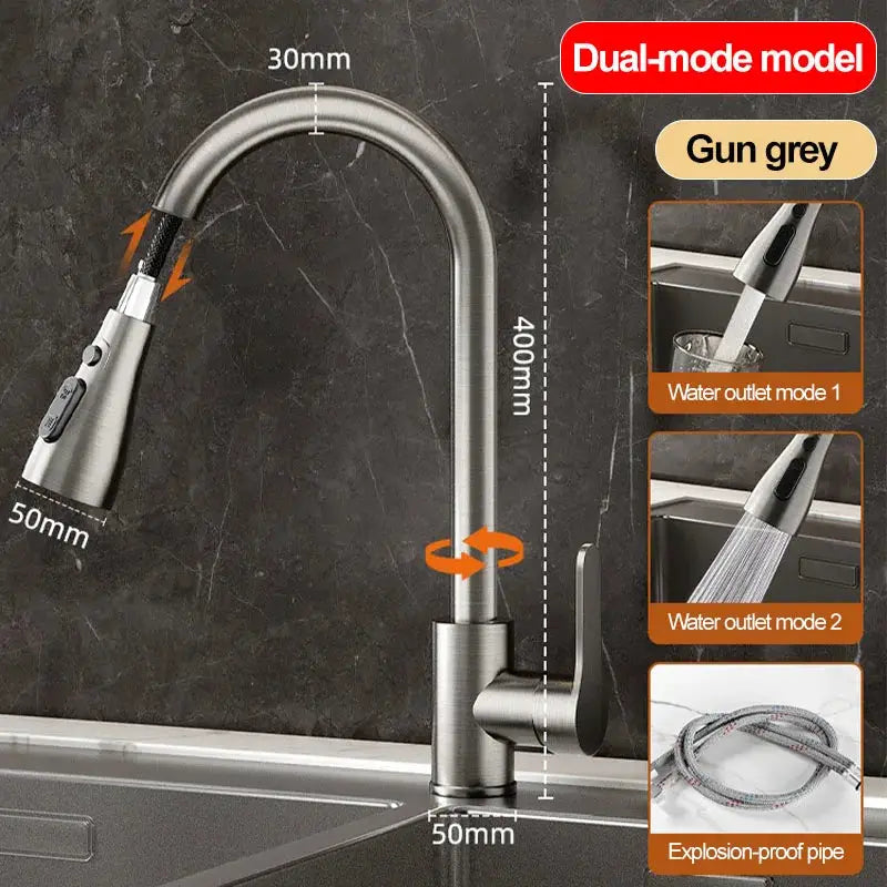 Simples Market stainless steel kitchen pull-out faucet with retractable dual-mode spray (gun grey)