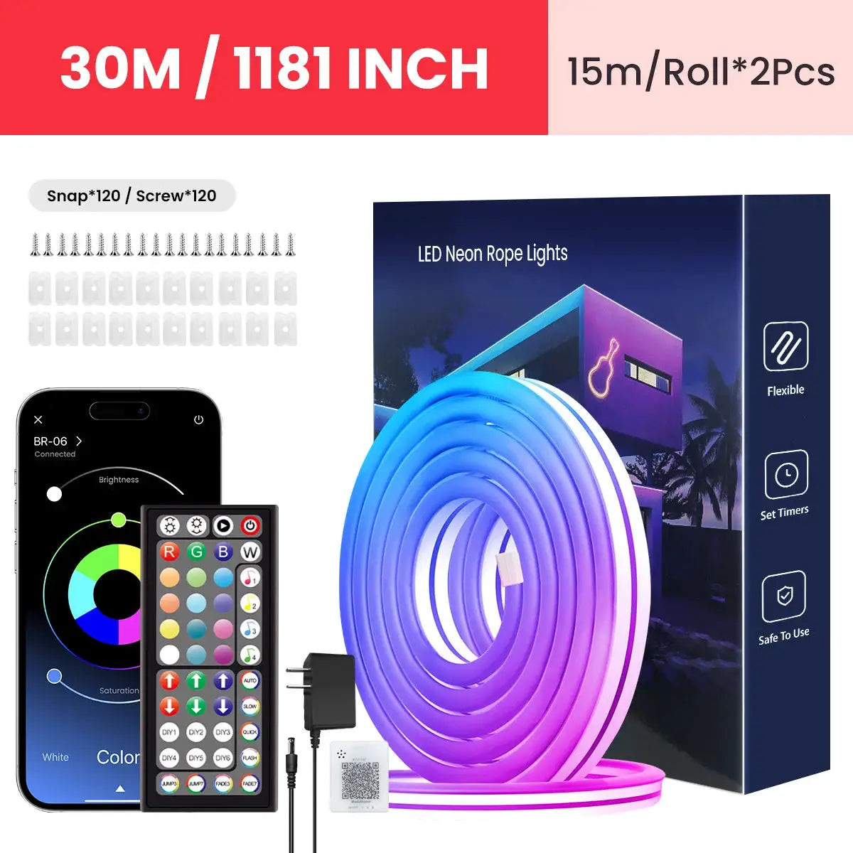 Neon LED Rope Lights by Simples Market, RGB, two 15m rolls (30m total) with remote and app control