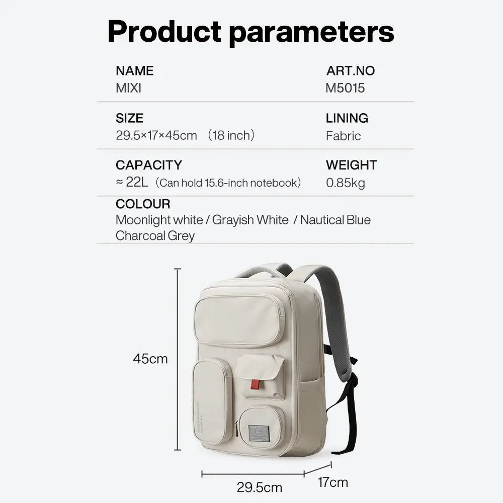 Mixi outdoor backpack Simples Market, white/gray rucksack with multiple front pockets and 18-inch size