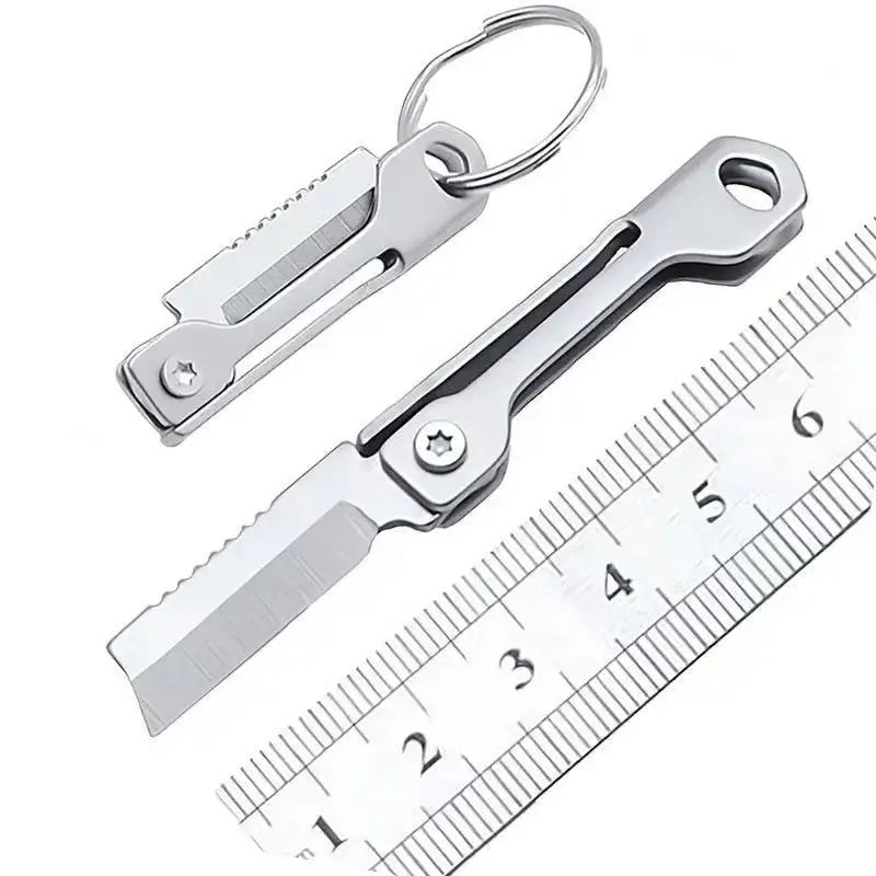 Stainless steel mini folding knife keychain multitool with built-in ruler for outdoor camping and EDC