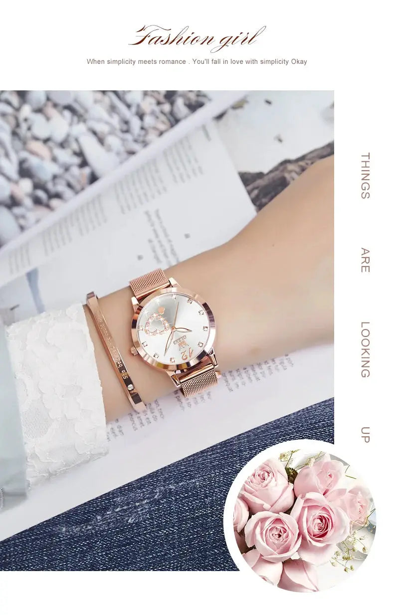 OLEVS 5189 women's quartz watch with rose-gold mesh steel strap and heart-design dial