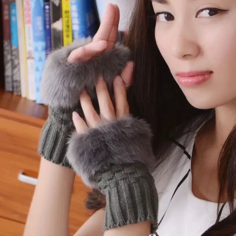 CozyNest Womens Autumn Winter Plush Knitted Half Finger Gloves for Writing and Driving Warm Soft Touch