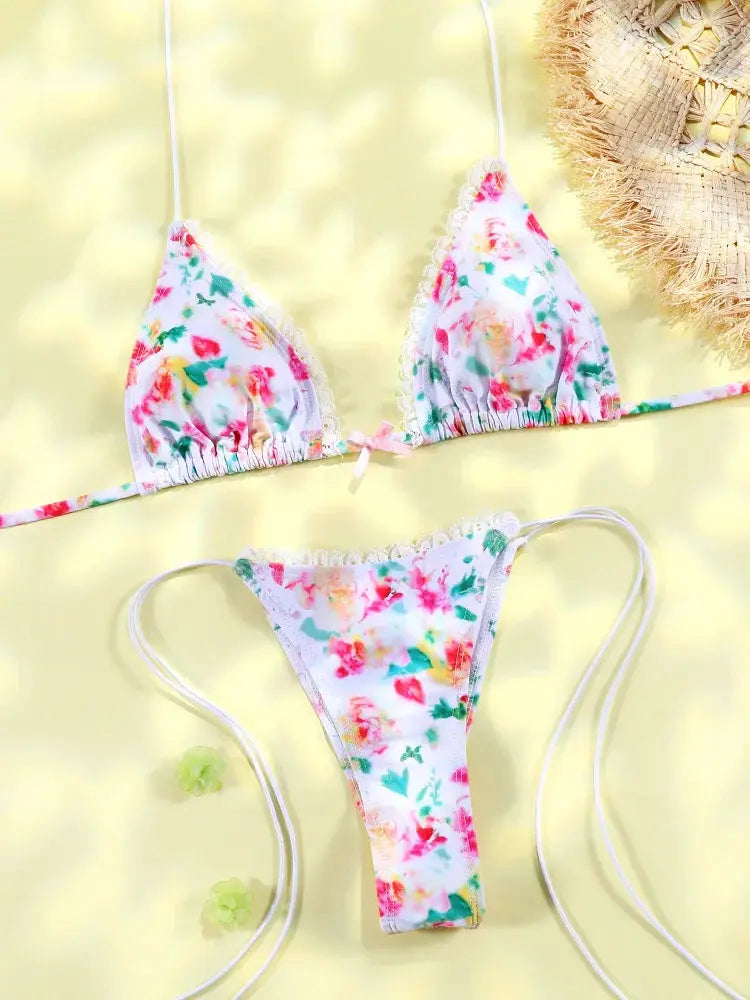 Sexy Triangle Bikini Set For Women Micro Thong Swimsuit Bandage Beachwear With Print Bathing Suit