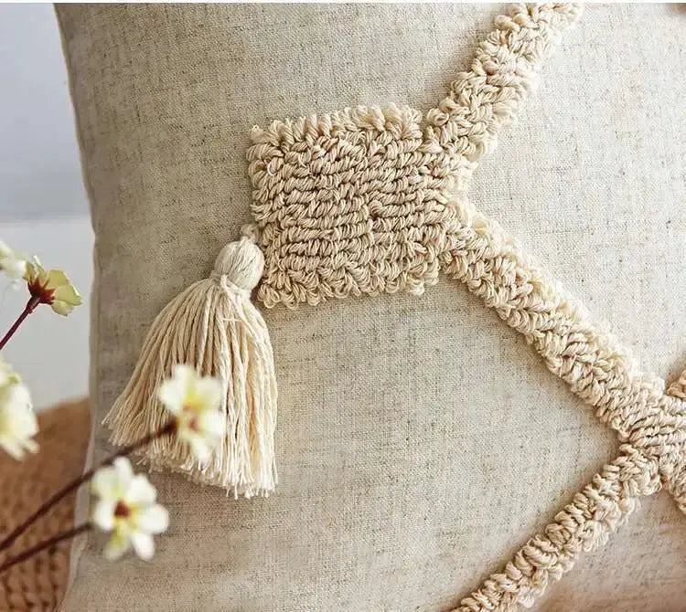 Boho linen cushion cover in beige with tassel trim and woven detail, 45x45cm / 30x50cm.