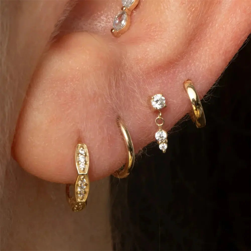 AIDE heart round ball flat-helix piercing earring set; gold-tone with zircon stones and geometric studs