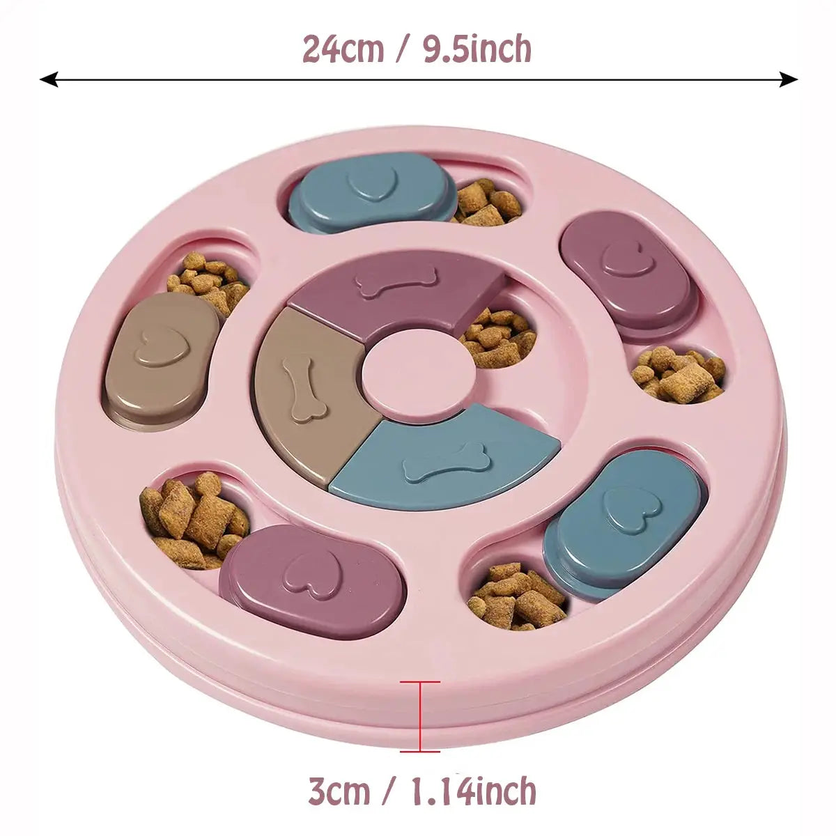 Dog feeding puzzle toy, pink circular slow feeder by Simples Market, with bone-shaped lids and kibble compartments.
