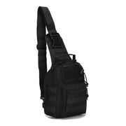 Black tactical chest bag with crossbody strap, MOLLE webbing, and multiple pockets.