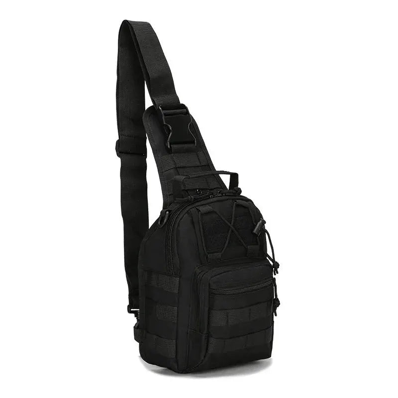 Black tactical chest bag with crossbody strap, MOLLE webbing, and multiple pockets.