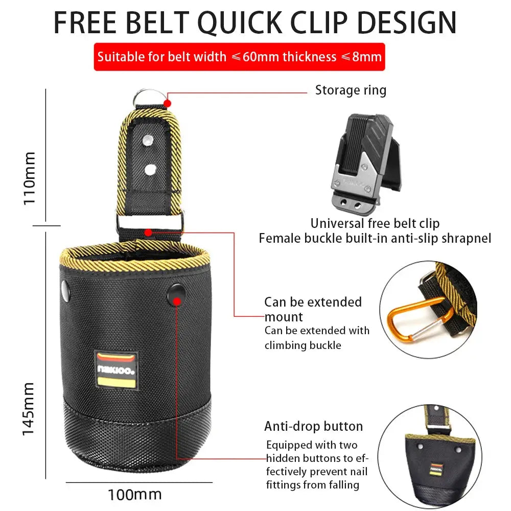Tool bag pouch by Simples Market, rotatable nail bag, 1680D, black with yellow trim; belt clip and carabiner