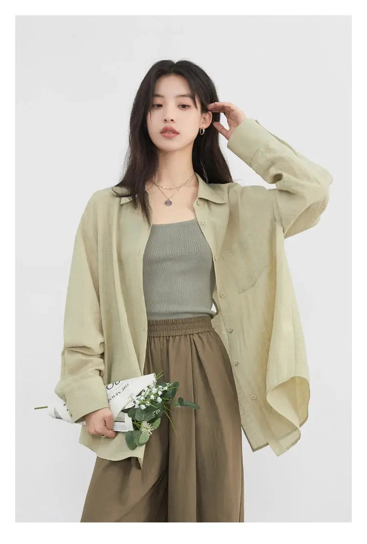 CHIC VEN women's long-sleeve beige shirt by Simples Market, loose casual blouse