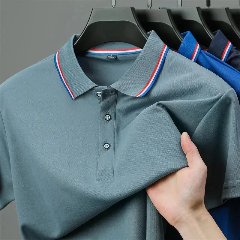 Men's polo shirt, slate blue with red white blue striped collar, Simples Market