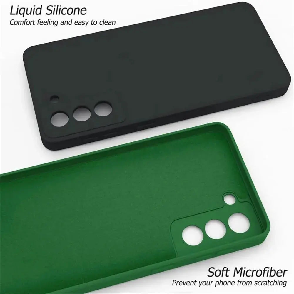 Two luxury liquid silicone cases for Samsung Galaxy in black and green with soft microfiber interior.