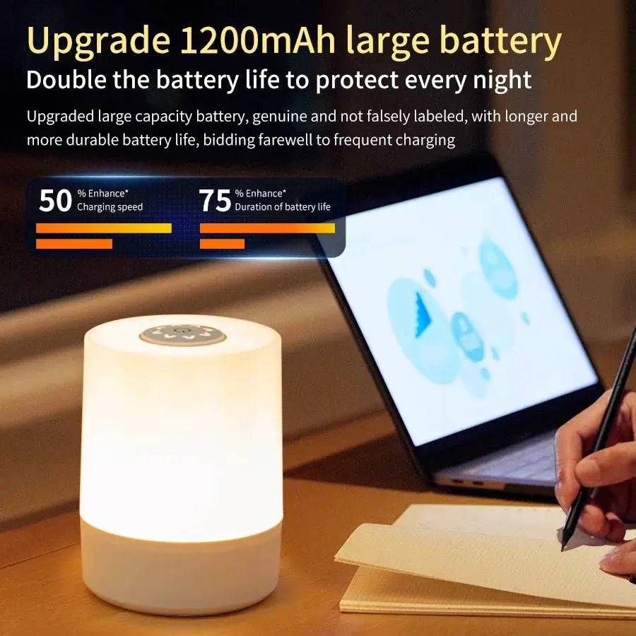 Bedside LED touch night light, white plastic, rechargeable desk lamp for reading