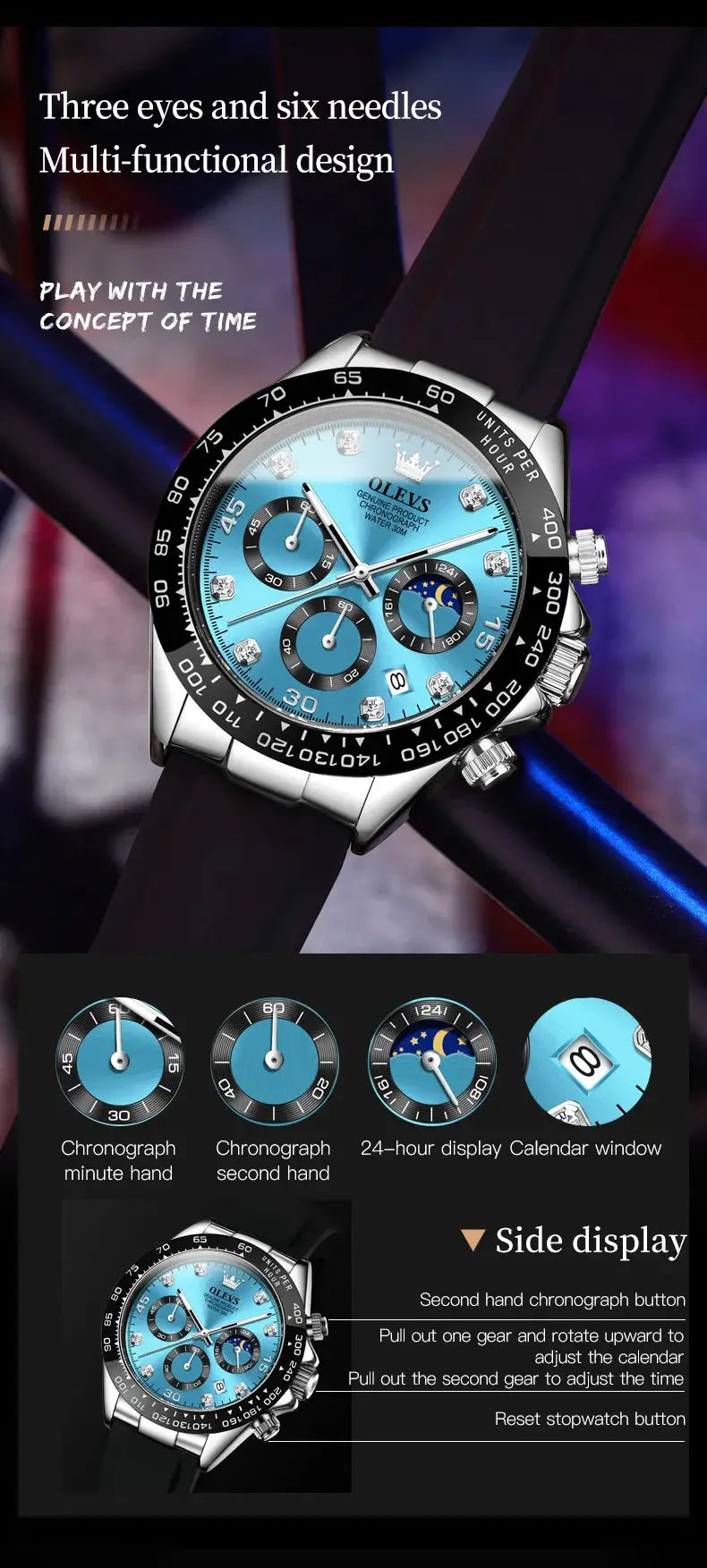 OLEVS men's blue dial chronograph watch with silicone strap, moon phase window, crystal hour markers