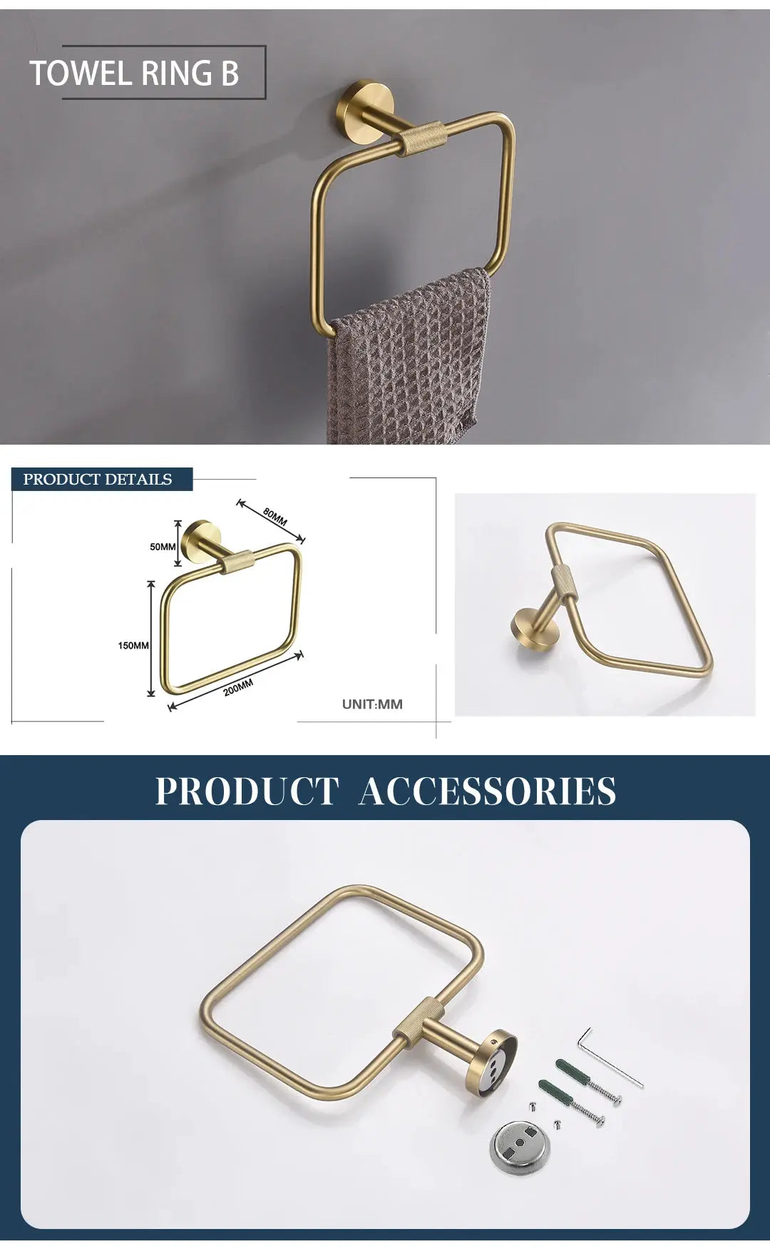 Simples Market brushed gold knurled brass bathroom hardware set with towel ring, towel bar, robe hook and paper holder