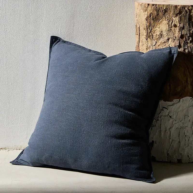 Decorative ramie cushion cover in navy blue for sofa or chair, boho farmhouse home decor accent piece.