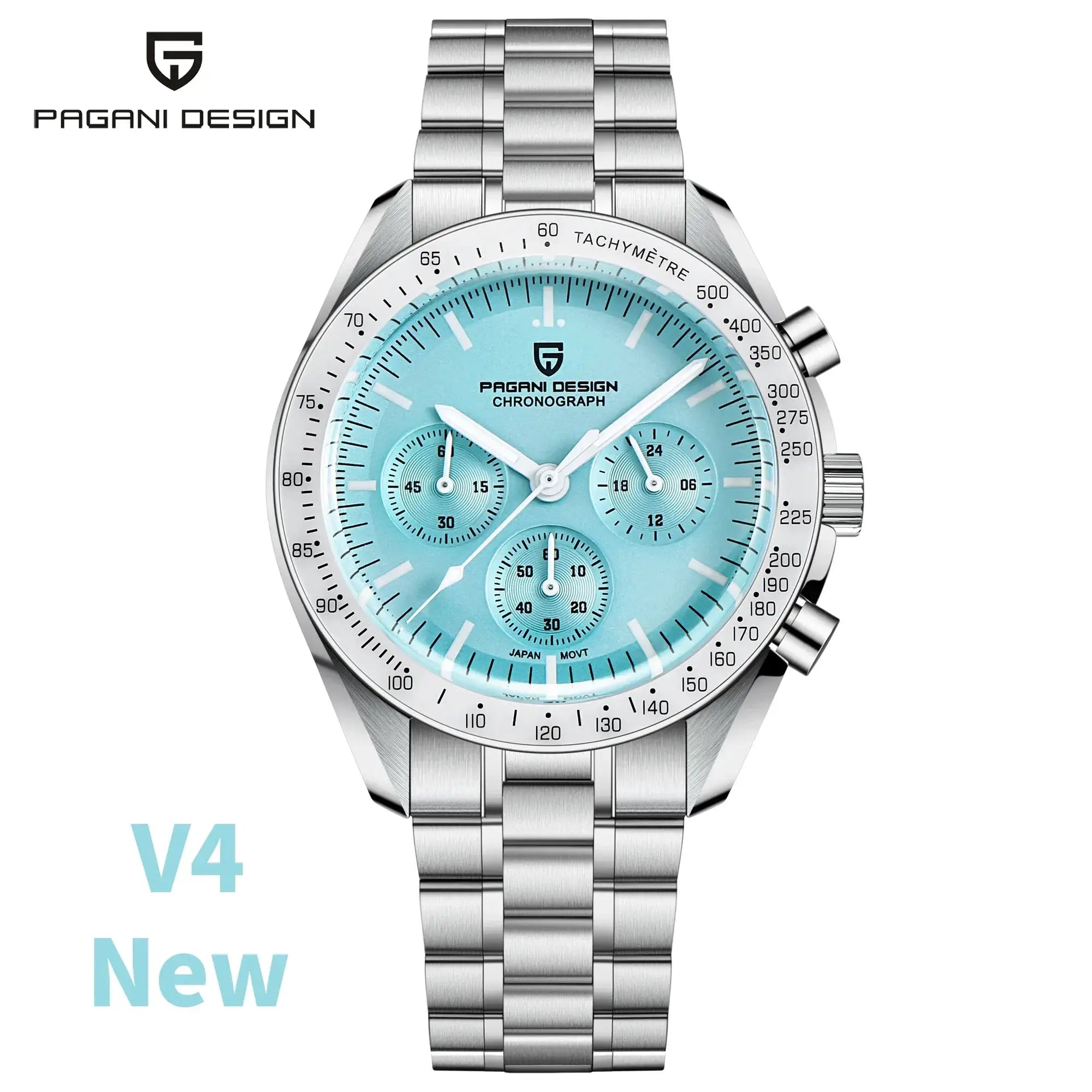PAGANI DESIGN V5 PD1701 stainless steel chronograph watch with turquoise dial.