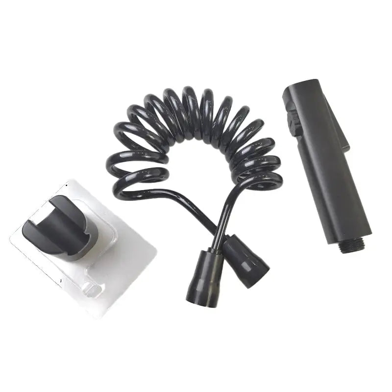 Baokemo three-piece toilet bidet spray set with black ABS handheld nozzle, coiled hose, and no-drill wall-mount bracket