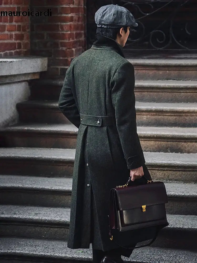 Long green wool blend overcoat with belt by Mauroicardi
