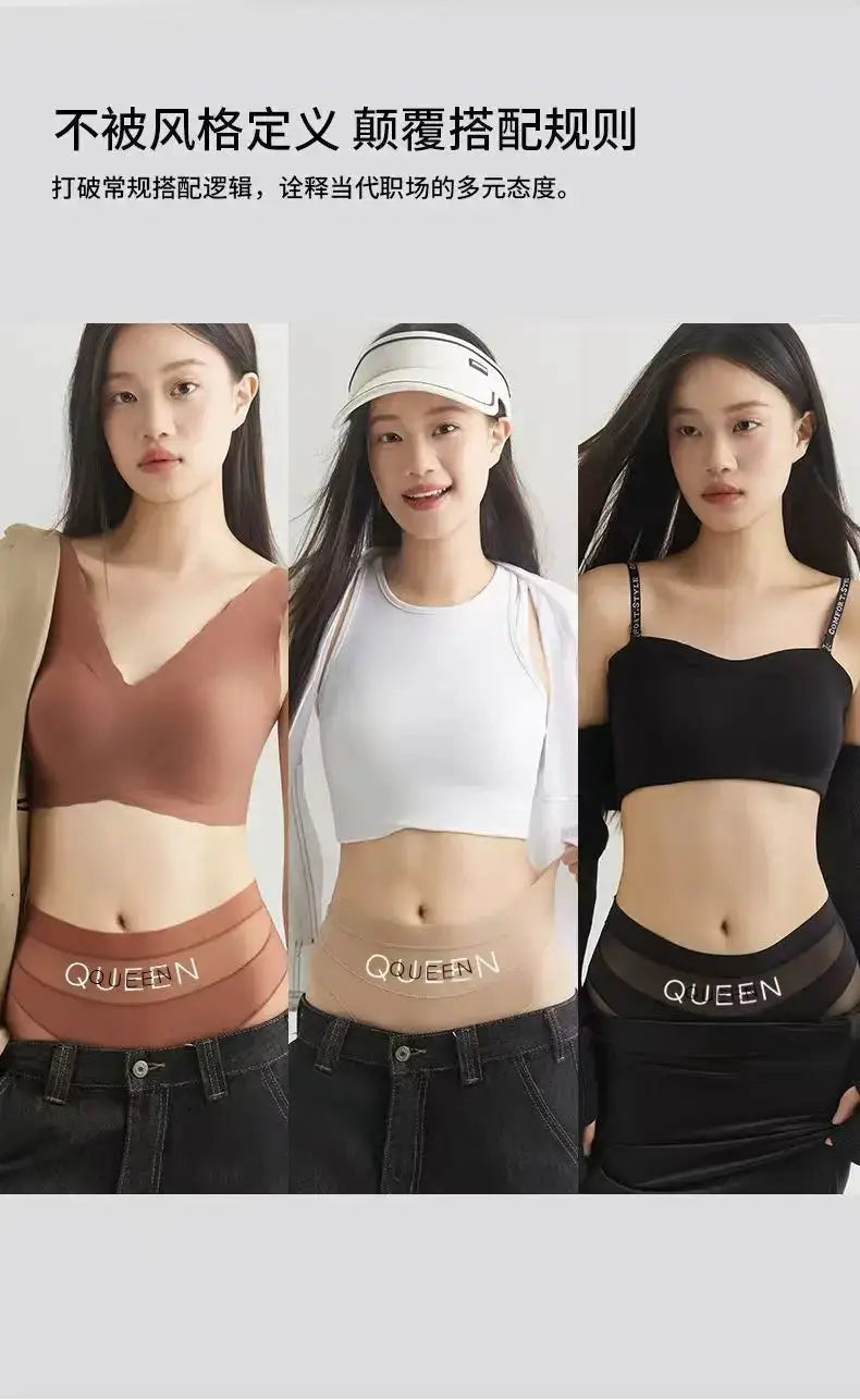 High-waisted tummy-control panties, ice silk seamless, breathable underwear with QUEEN waistband, shown in 3 colors