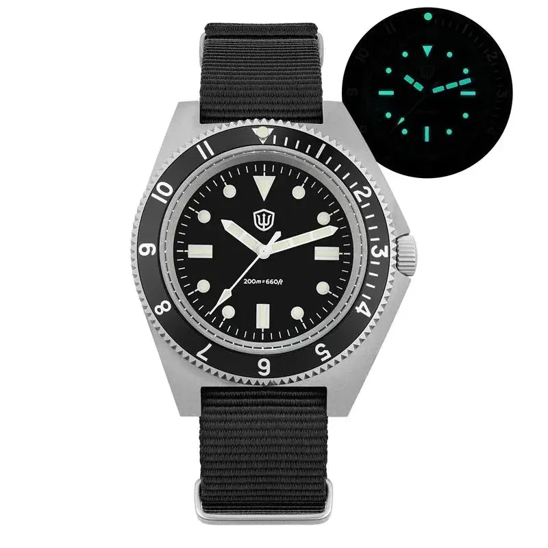 Watchdives WD1972 diver watch, black dial, luminous markers, stainless steel case, black nylon strap
