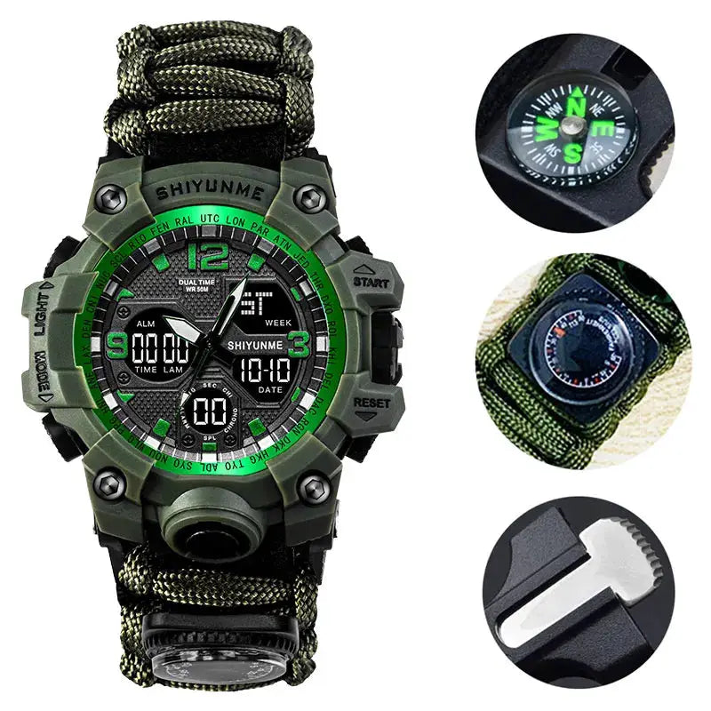 SHIYUNM men's military digital watch with compass, paracord strap and rugged waterproof multi-function