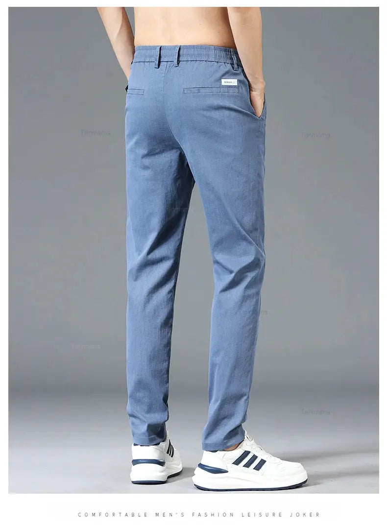 Simples Market men's casual pants with elastic waist in blue, slim straight trousers