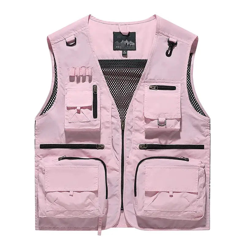 Pink men's sleeveless outdoor vest with multiple pockets and breathable mesh panels.