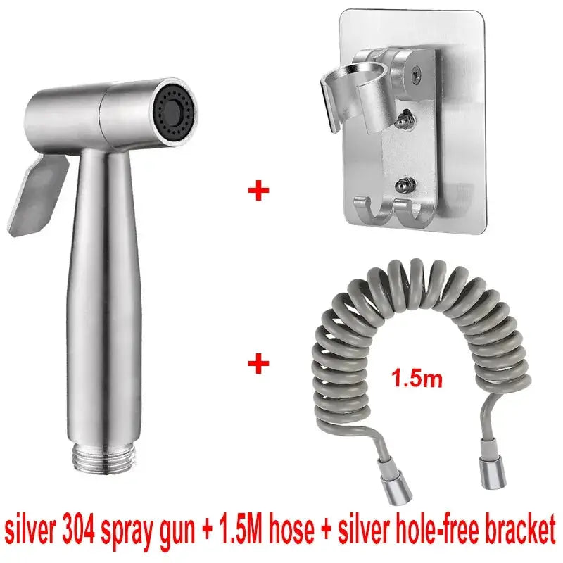 Simples Market stainless steel handheld spray gun with 1.5m hose and wall-mount bracket.