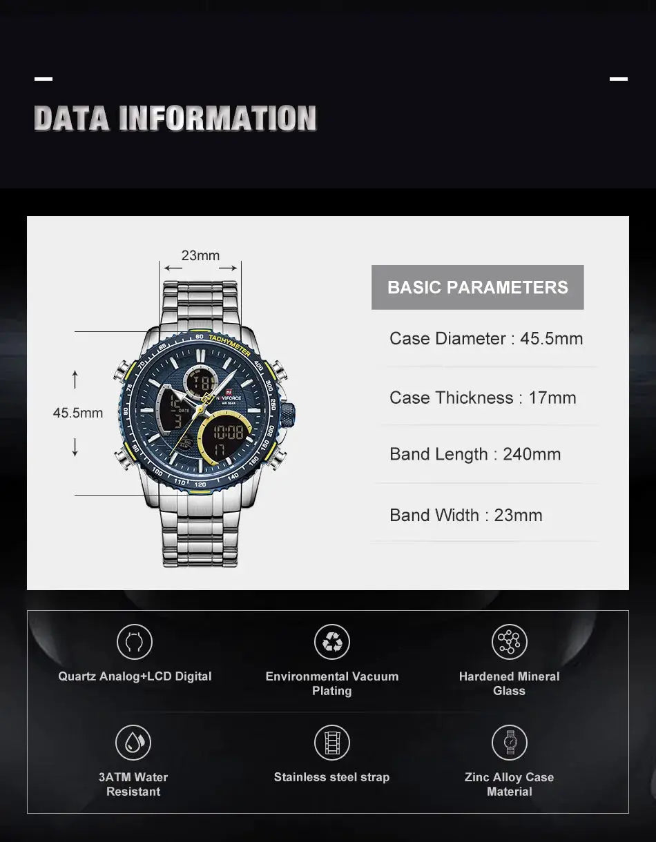 NAVIFORCE men's chronograph sport watch with stainless steel band and blue dial