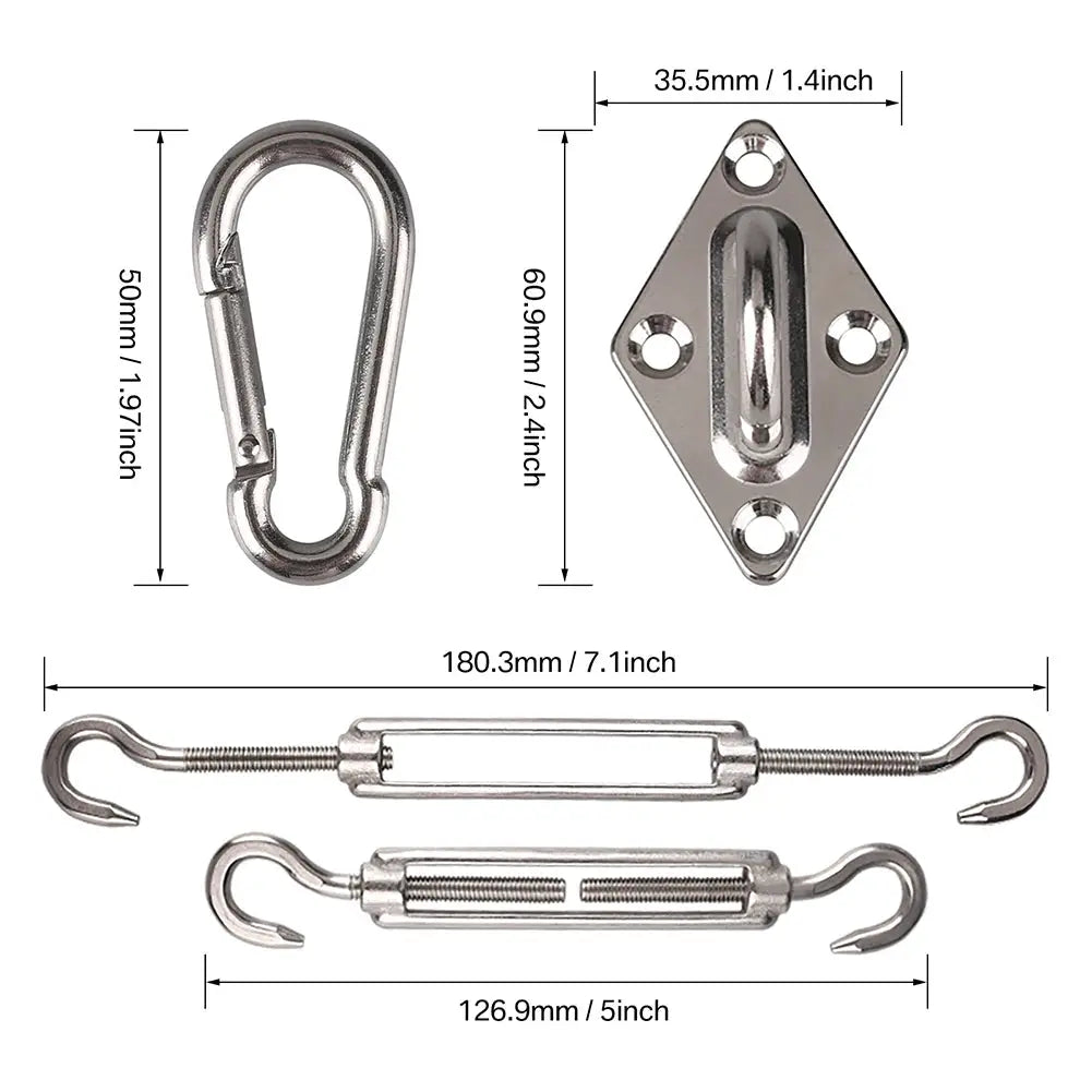 Simples Market 4-piece stainless steel shade sail hardware kit: two turnbuckles with hooks, a carabiner, and mounting plate