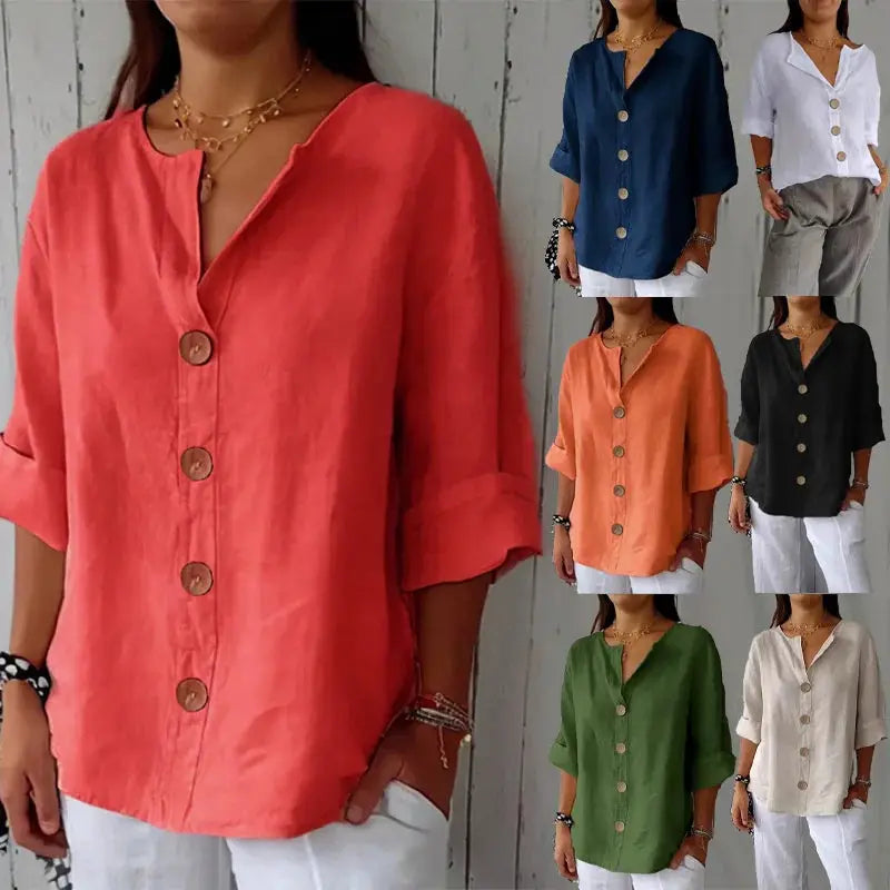 Summer loose shirt, women's cotton-linen button-front top in coral with rolled sleeves; 7 color options shown