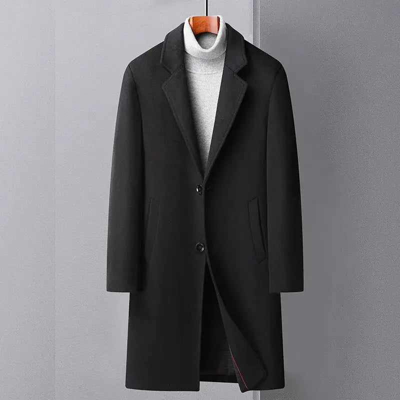 Men's black wool trench coat, long length with notch lapels and side pockets.