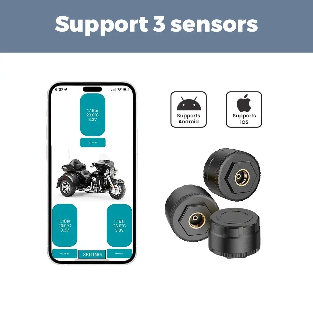 Navifly TPMS sensor kit by Simples Market; 3 valve-cap sensors with iOS/Android app on a smartphone display