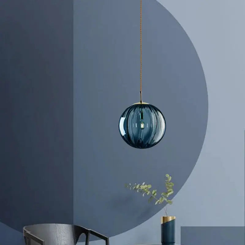 Simples Market blue glass ball LED pendant light, Nordic hanging lamp with brass cap and brown cord