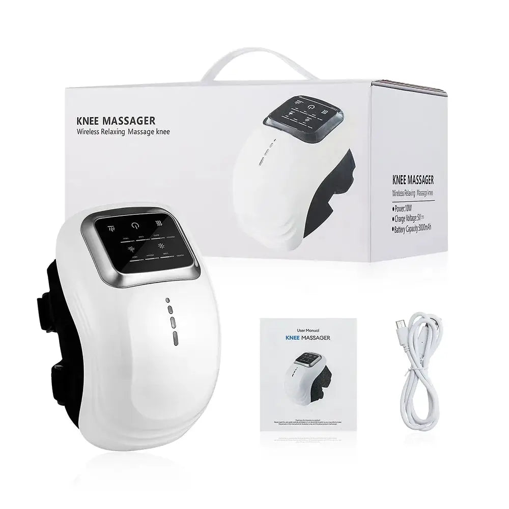White smart knee massager with touchscreen control, box, user manual, and USB charging cable