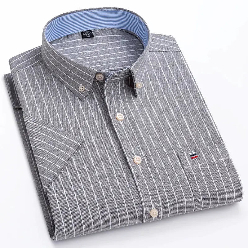 Men's gray striped cotton oxford shirt with blue inner collar, button-front, pocket logo.