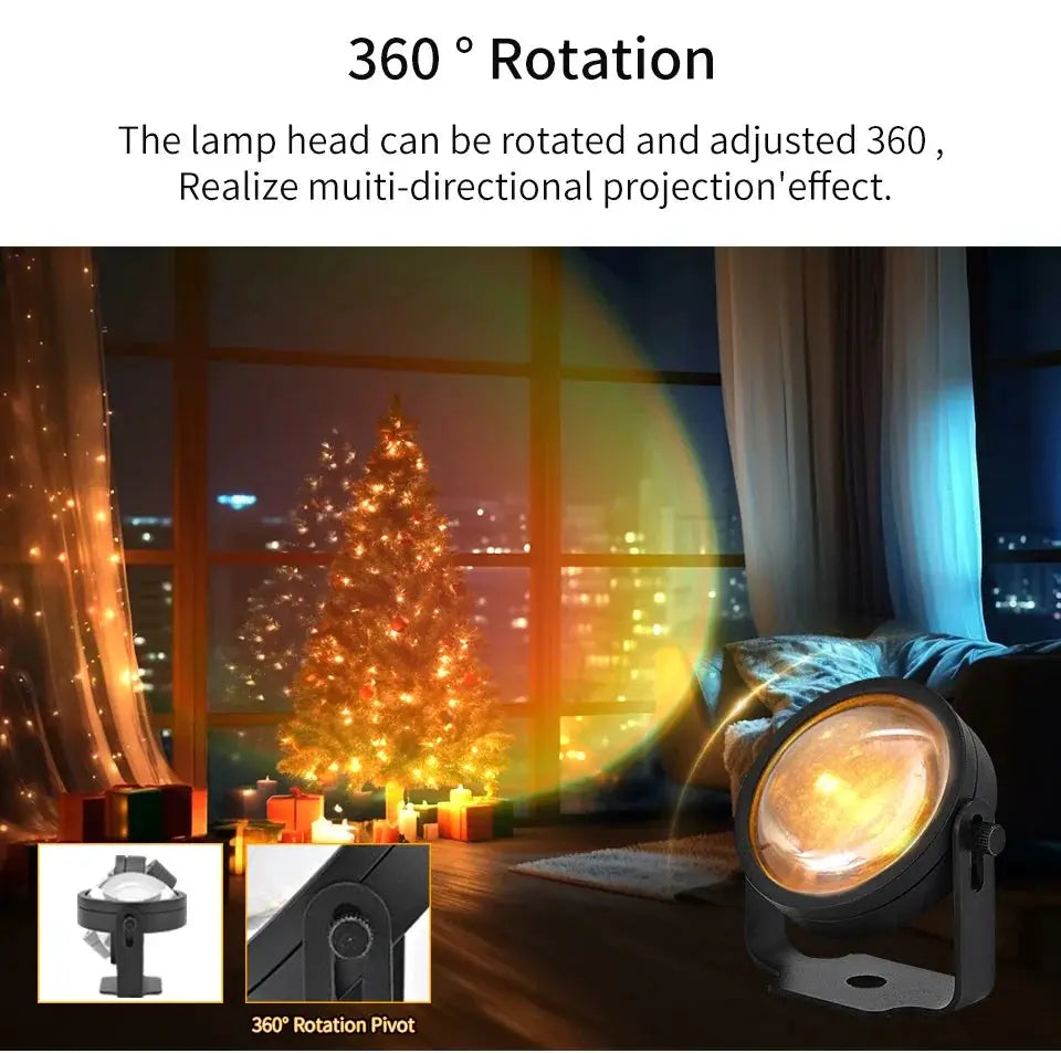 Smart Sunset Lamp by Simples Market, USB projector with 360° rotation emitting warm amber light in living room