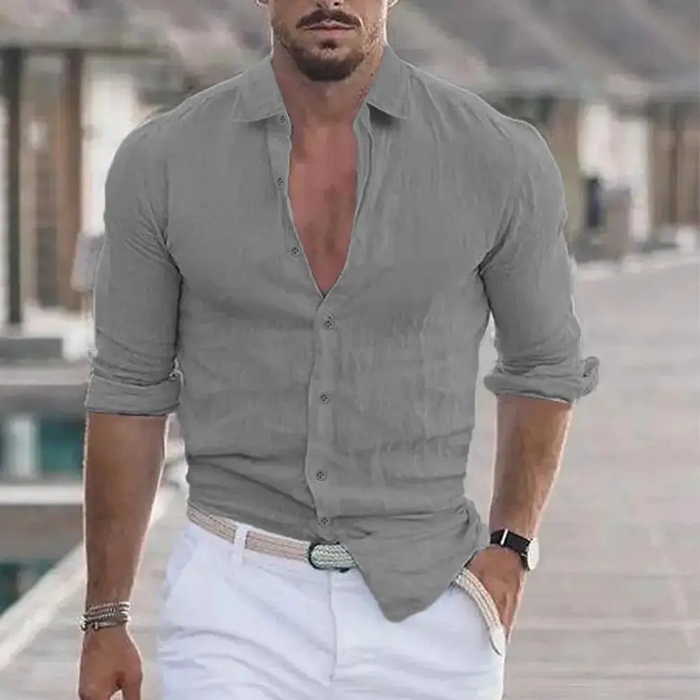 Men's gray cotton-linen beach shirt with long sleeves and button placket